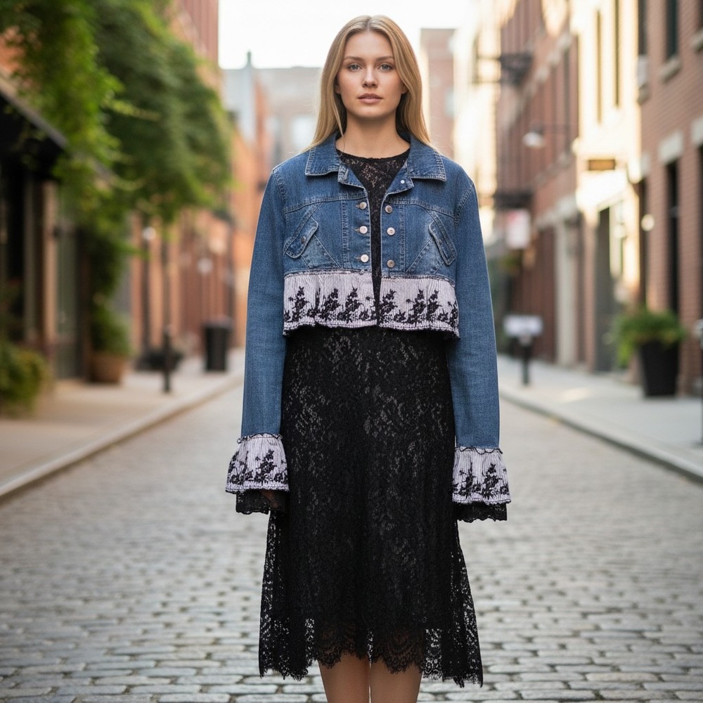 MISS Denim Cropped Jacket and Black Lace Midi Dress Set Medium Wash Boho